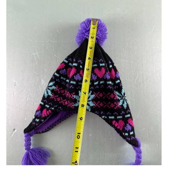 Girls Youth Trapper Hat Black Pink Hearts Snowflake Purple Braided Strap Pom Pom - Picture 2 of 6